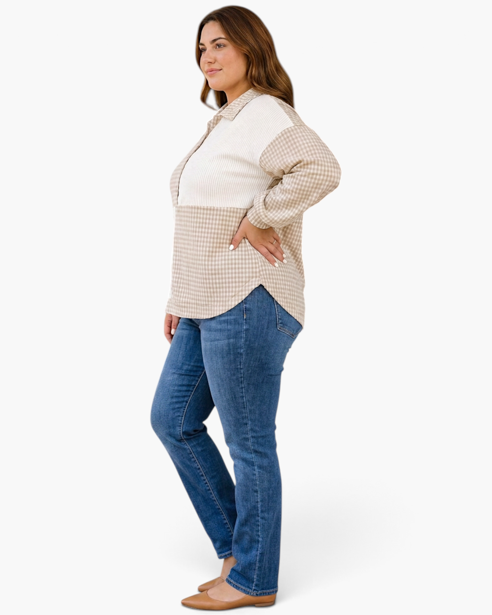 Beach Rose Co. plus size beige and cream gingham patchwork Henley top with a collar and long sleeves on a model.