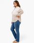 Beach Rose Co. plus size beige and cream gingham patchwork Henley top with a collar and long sleeves on a model.