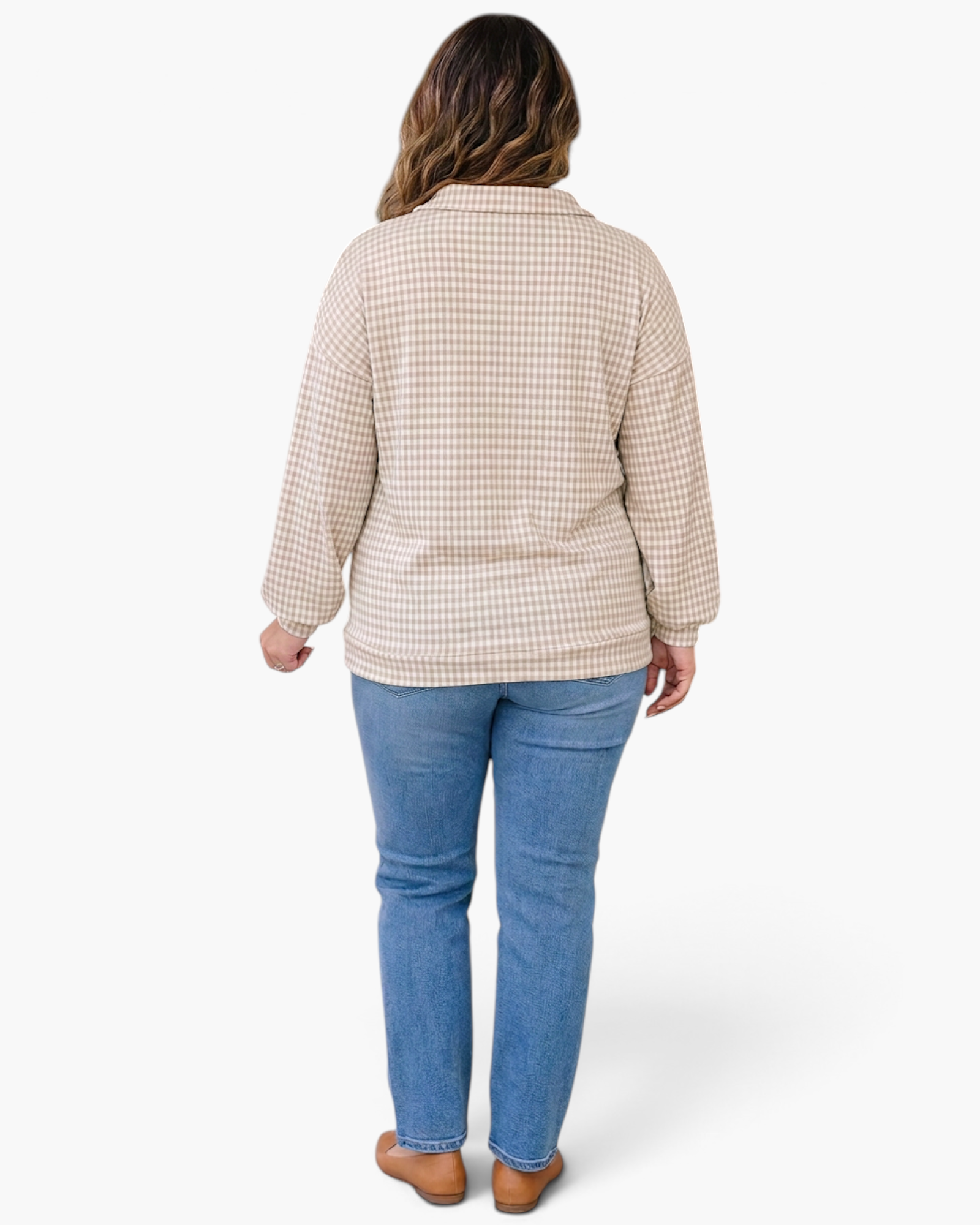 Beach Rose Co. plus-size beige and cream gingham patchwork Henley top with long sleeves, viewed from the back.