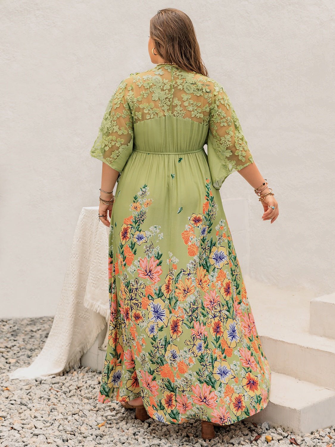 Beach Rose Co. - Plus Size Lace Detail Floral Half Sleeve Maxi Dress in Sage