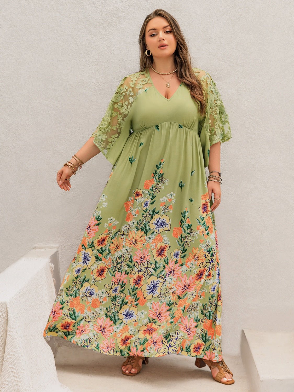 Beach Rose Co. - Plus Size Lace Detail Floral Half Sleeve Maxi Dress in Sage