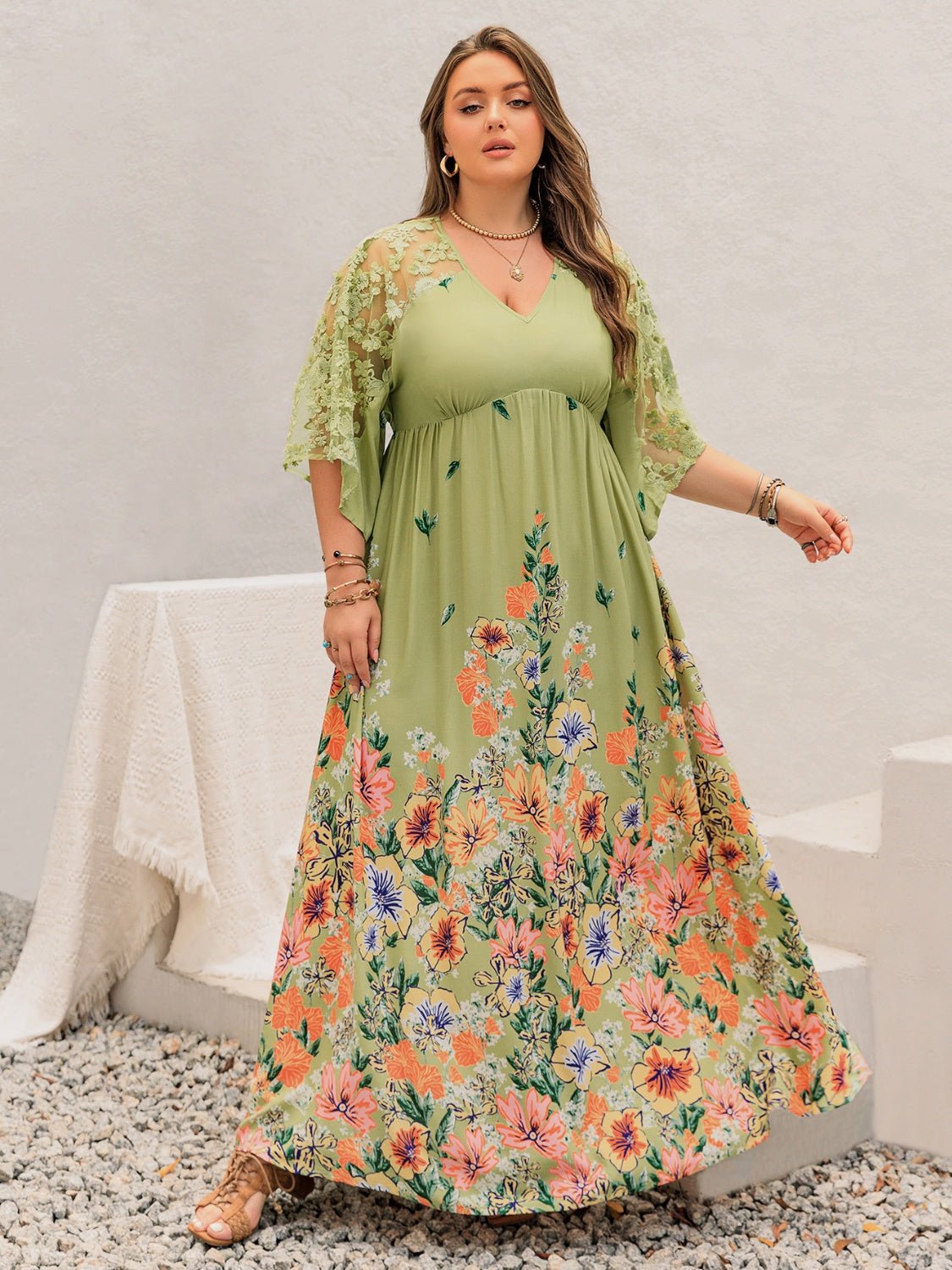 Beach Rose Co. - Plus Size Lace Detail Floral Half Sleeve Maxi Dress in Sage