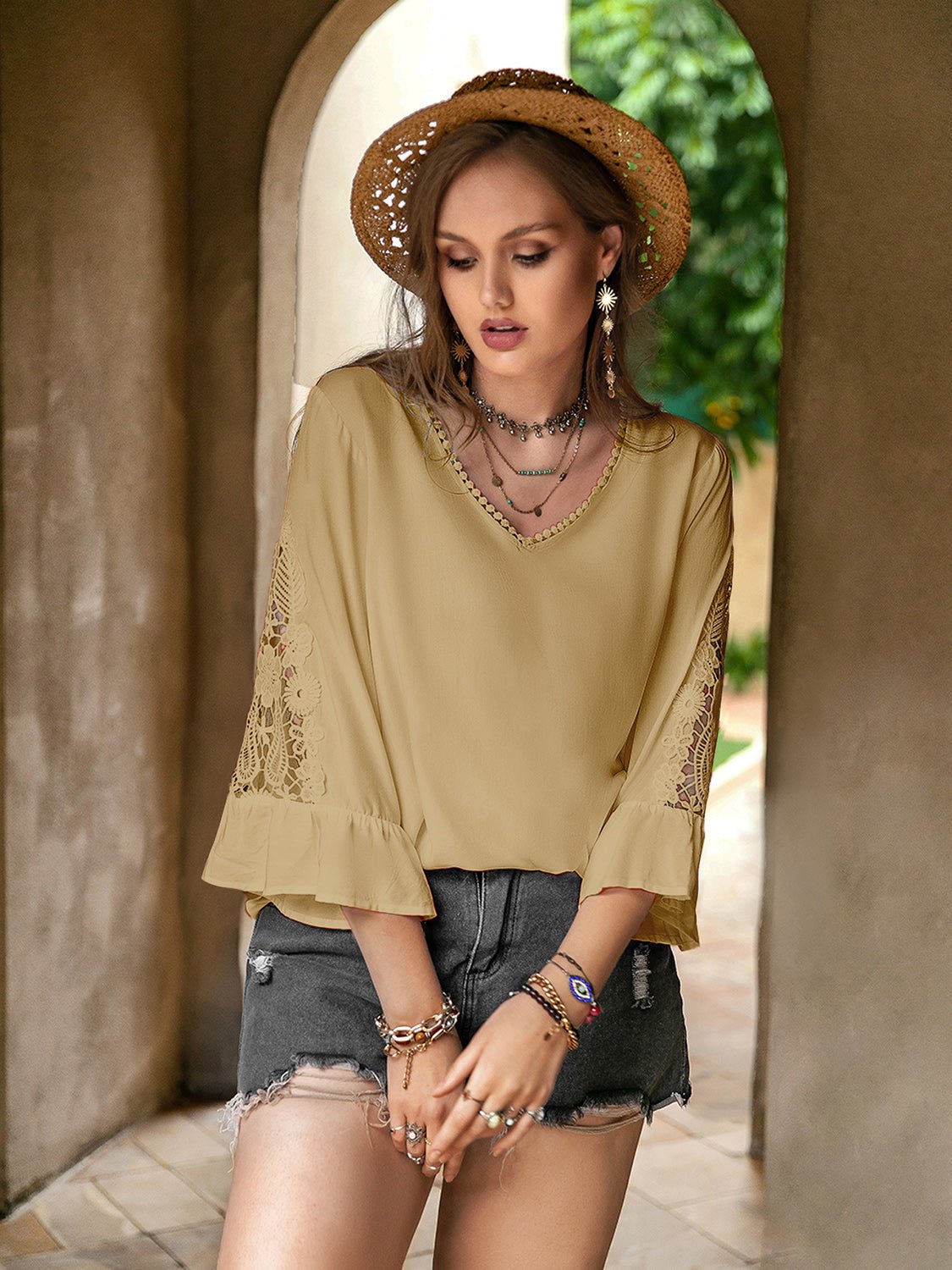 Beach Rose Co. - Plus Size Lace Detail Flounce Sleeve Blouse in Camel