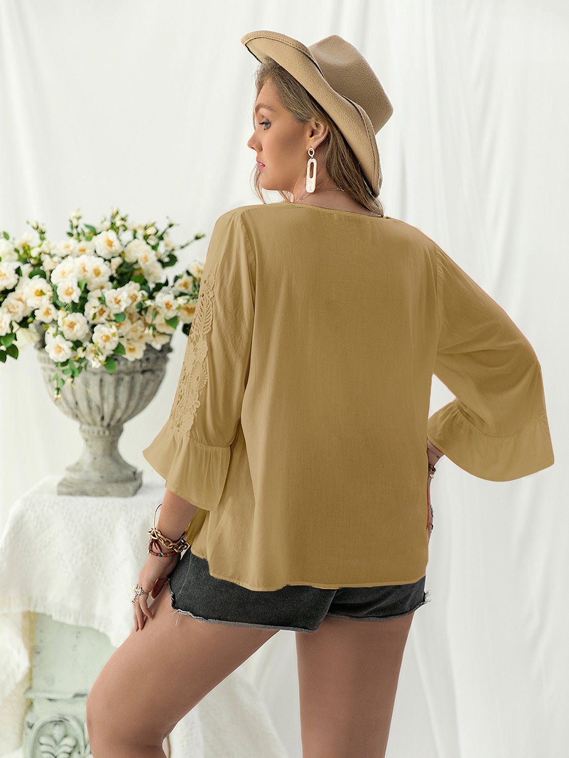 Beach Rose Co. - Plus Size Lace Detail Flounce Sleeve Blouse in Camel