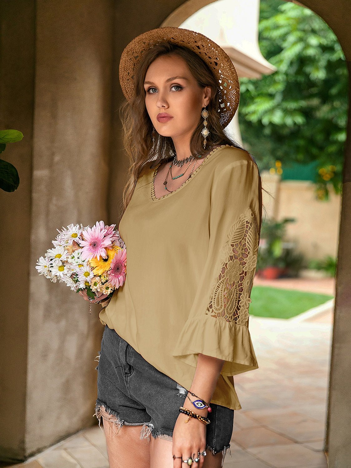 Beach Rose Co. - Plus Size Lace Detail Flounce Sleeve Blouse in Camel