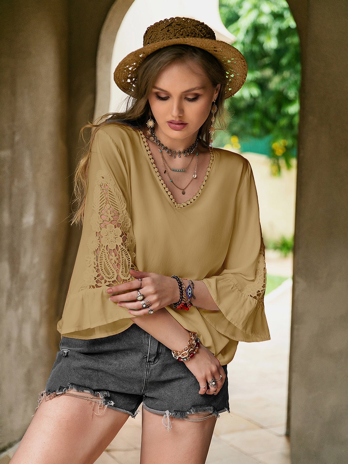 Beach Rose Co. - Plus Size Lace Detail Flounce Sleeve Blouse in Camel