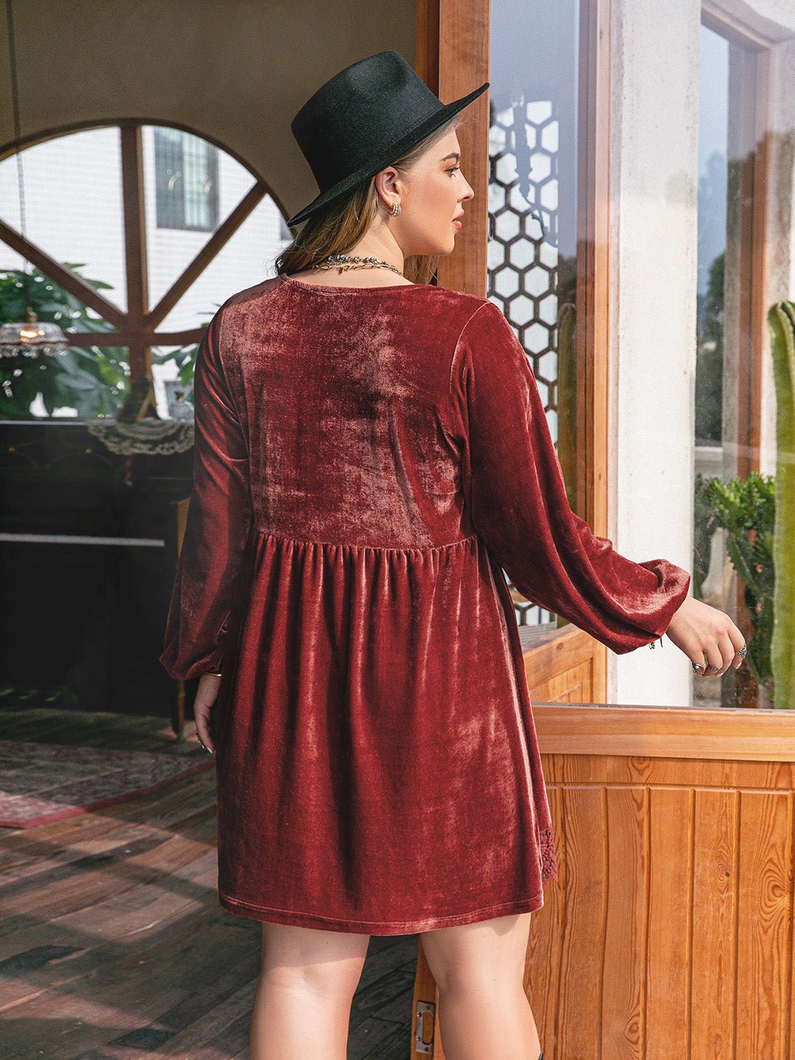 Beach Rose Co. - Plus Size Lace & Velvet Long Sleeve Mini Dress in Rust