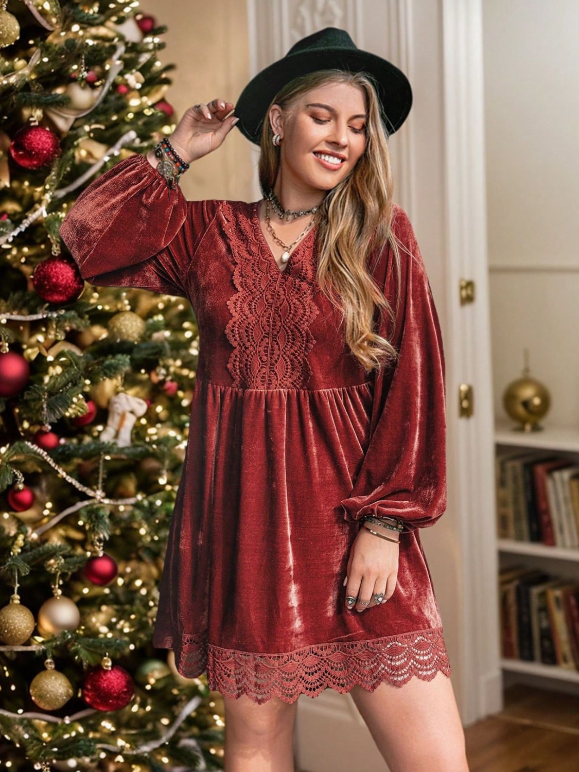 Beach Rose Co. - Plus Size Lace & Velvet Long Sleeve Mini Dress in Rust