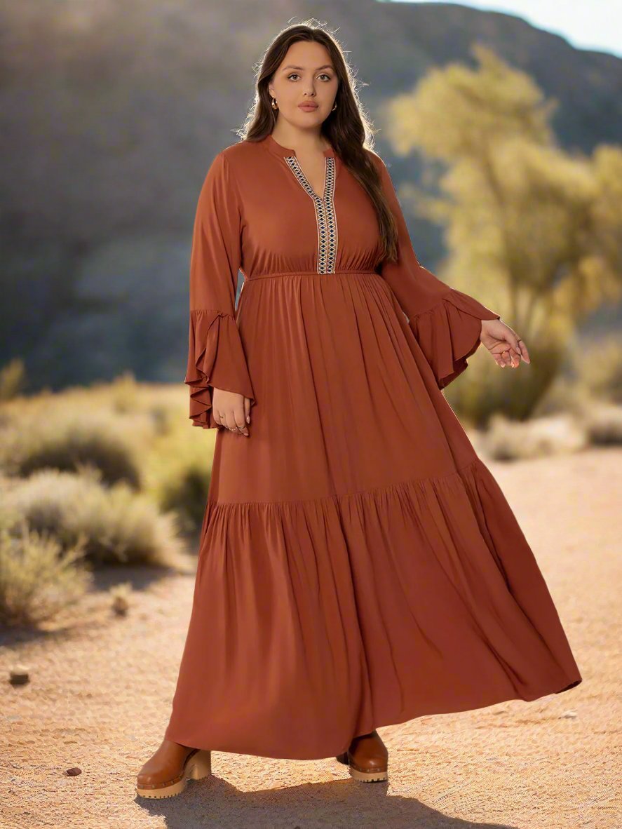 Beach Rose Co. - Plus Size Long Flounce Sleeve Maxi Dress in Terracotta