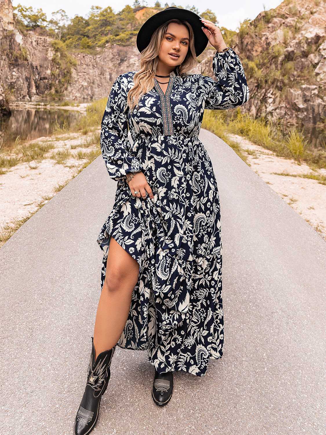 Beach Rose Co. - Plus Size Long Sleeve Maxi Dress in Dark Blue