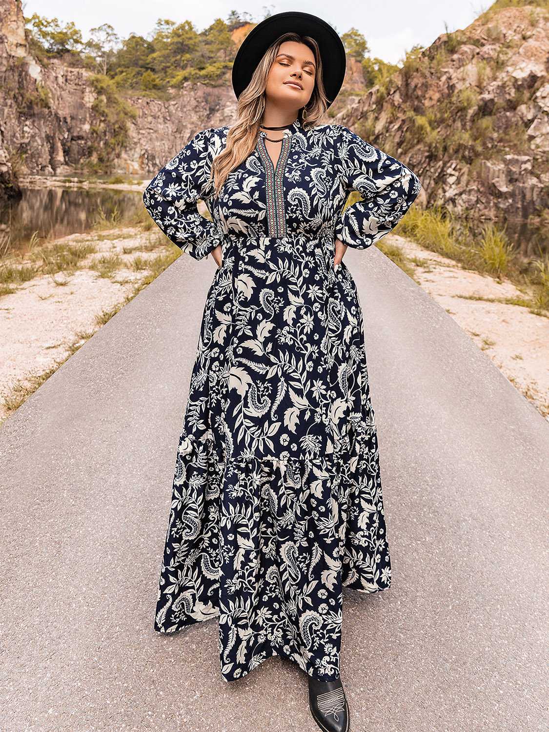 Beach Rose Co. - Plus Size Long Sleeve Maxi Dress in Dark Blue