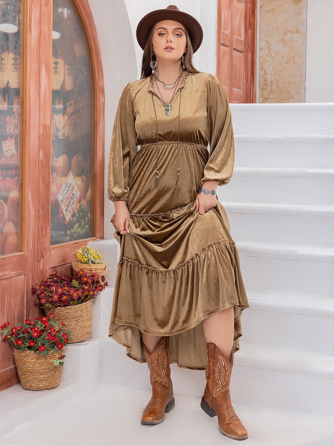 Beach Rose Co. - Plus Size Long Sleeve Velvet Maxi Dress in Camel