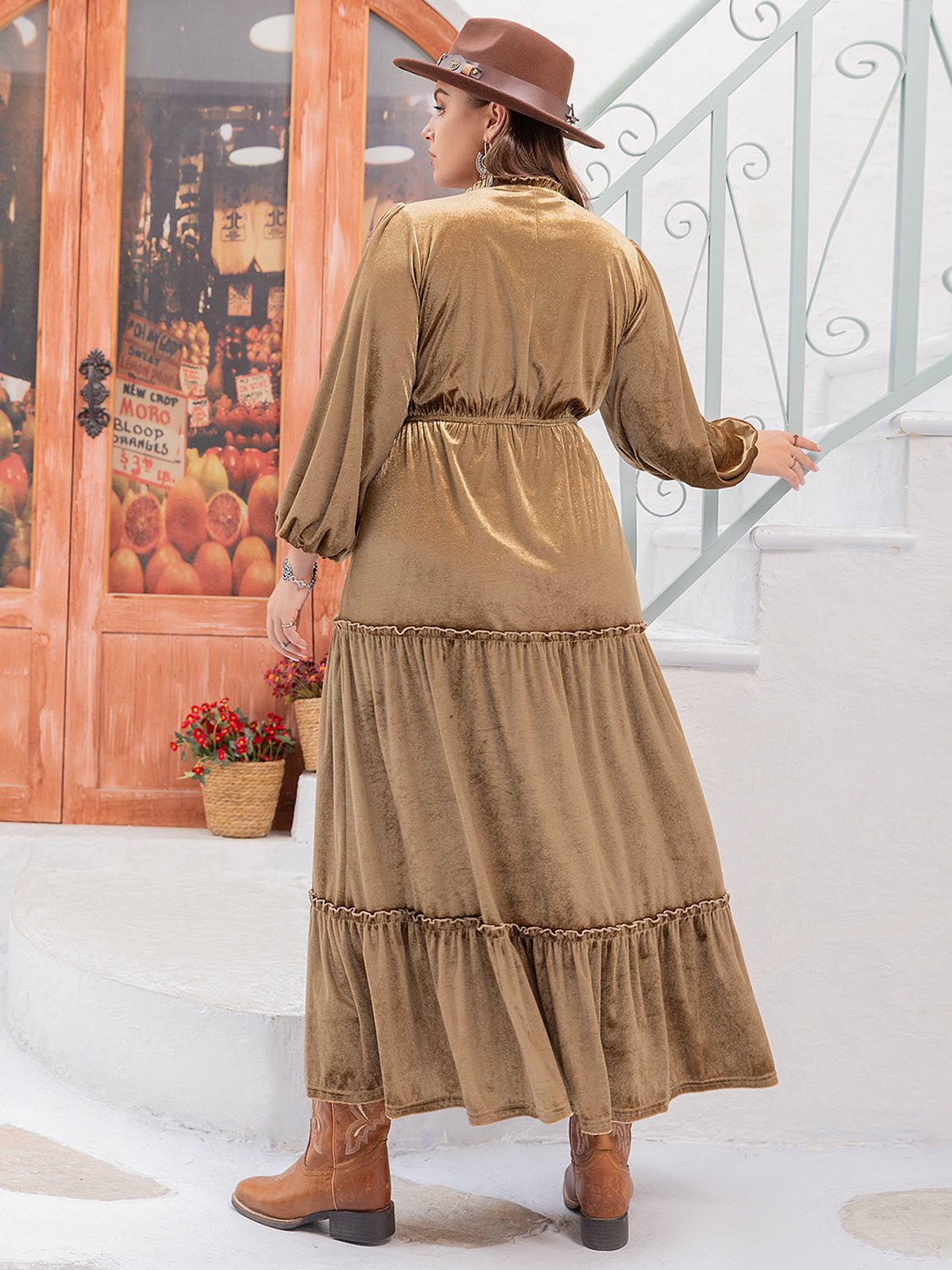 Beach Rose Co. - Plus Size Long Sleeve Velvet Maxi Dress in Camel