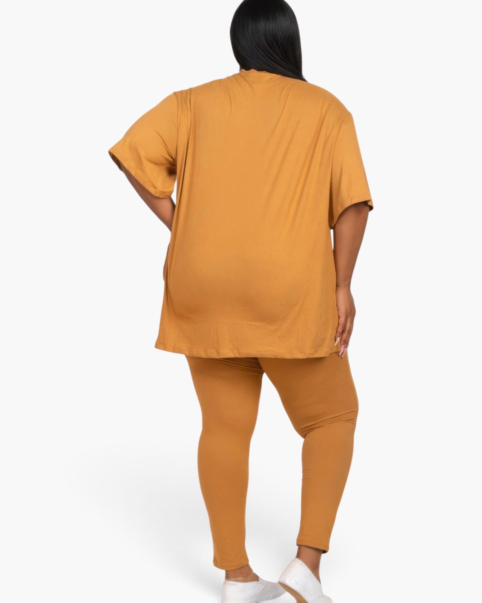 Beach Rose Co. plus size oversized mango t-shirt and leggings set worn by a woman from behind