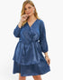 Beach Rose Co. plus size navy blue V-neck dress with long sleeves and a ruffled hem in a satin-finish polyester