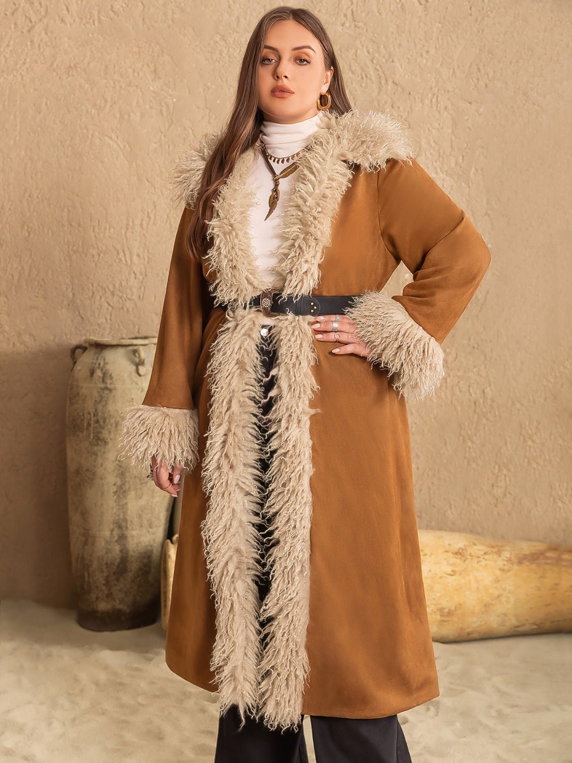 Beach Rose Co. - Plus Size Open Front Long Sleeve Coat in Caramel