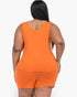 Beach Rose Co. plus size orange tank top and shorts lounge set on a model, back view showing relaxed fit jersey fabric.
