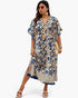 Beach Rose Co. plus size V-neck dress in blue and beige geometric print with side split, worn by a model with sunglasses.