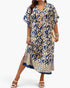 Beach Rose Co. plus size V-neck dress with blue and beige geometric print, split hem, and comfortable stretch fabric.