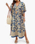 Beach Rose Co. plus size V-neck dress with blue and beige geometric print, side slits, and comfortable stretch fabric