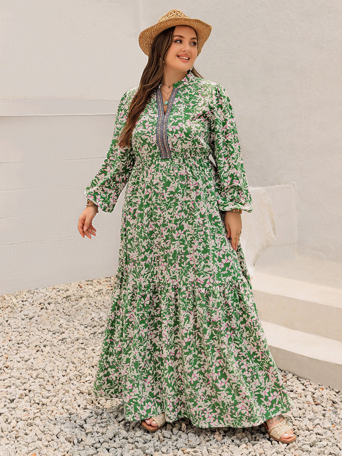 Beach Rose Co. - Plus Size Printed Long Sleeve Maxi Dress