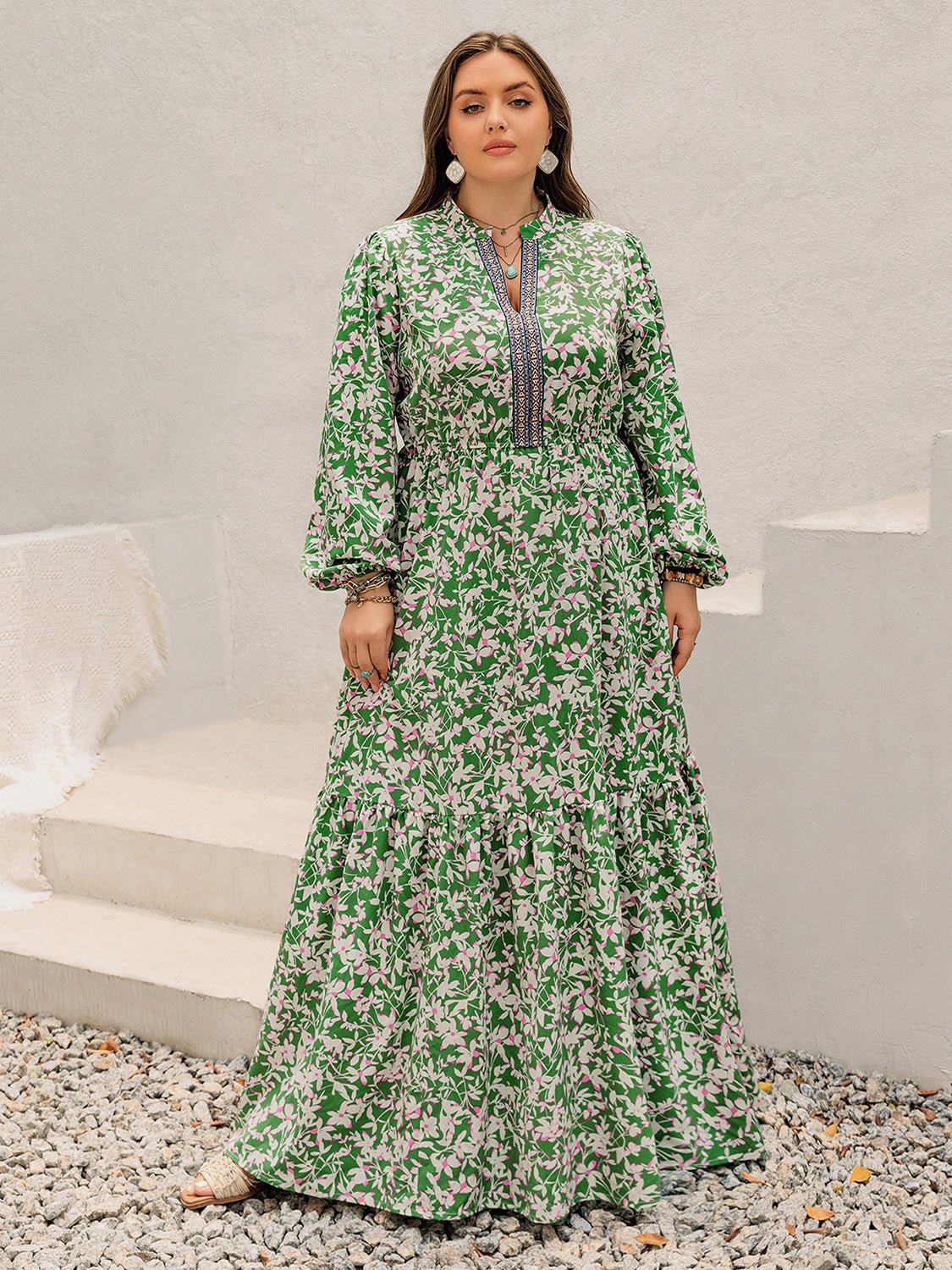 Beach Rose Co. - Plus Size Printed Long Sleeve Maxi Dress