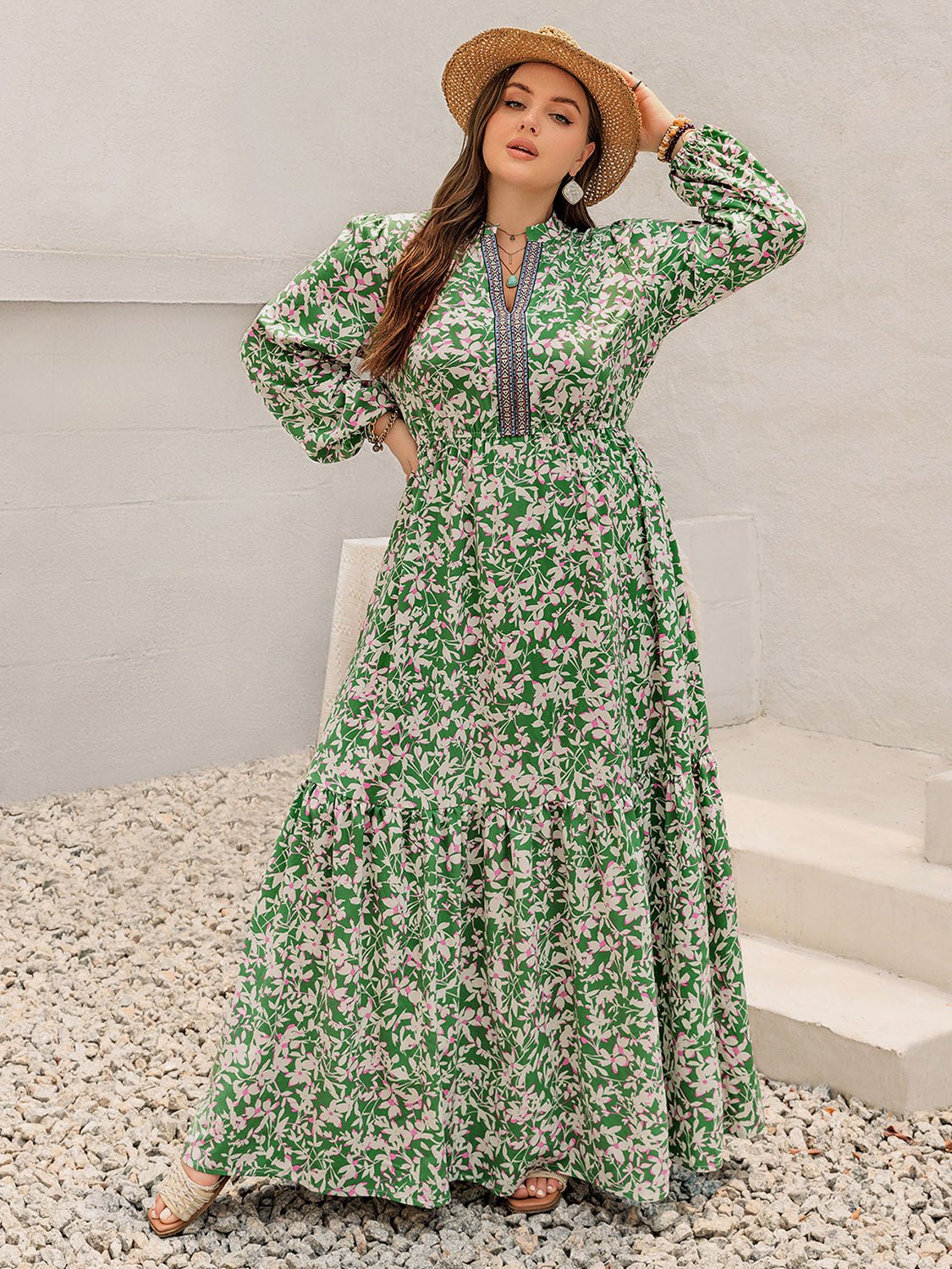 Beach Rose Co. - Plus Size Printed Long Sleeve Maxi Dress