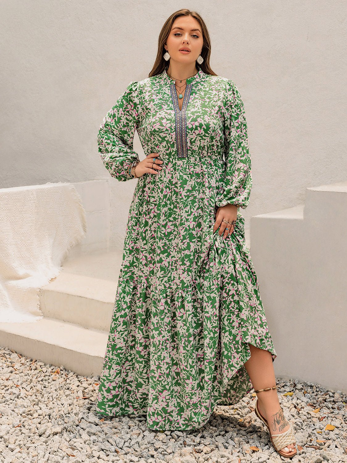 Beach Rose Co. - Plus Size Printed Long Sleeve Maxi Dress