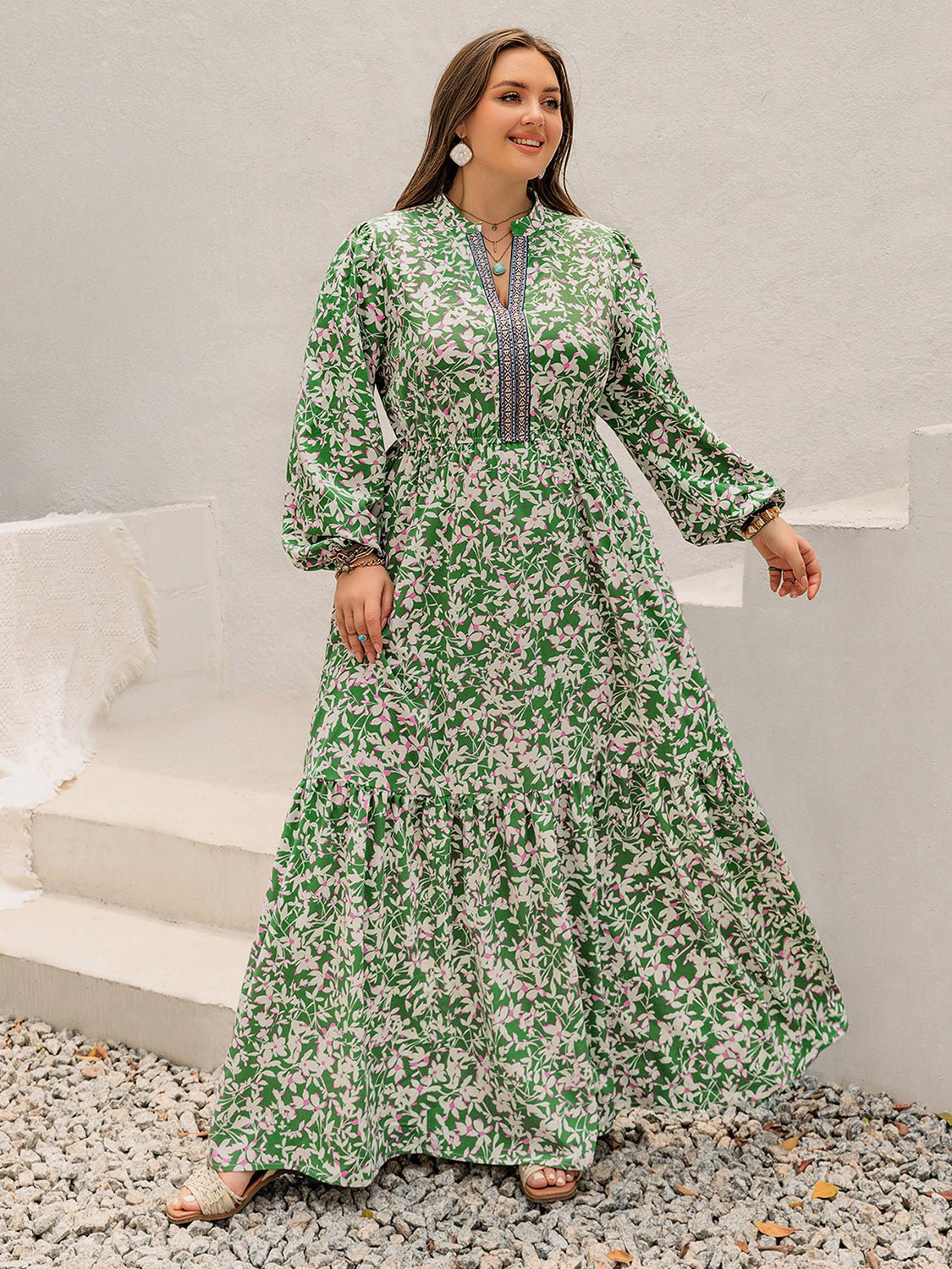 Beach Rose Co. - Plus Size Printed Long Sleeve Maxi Dress