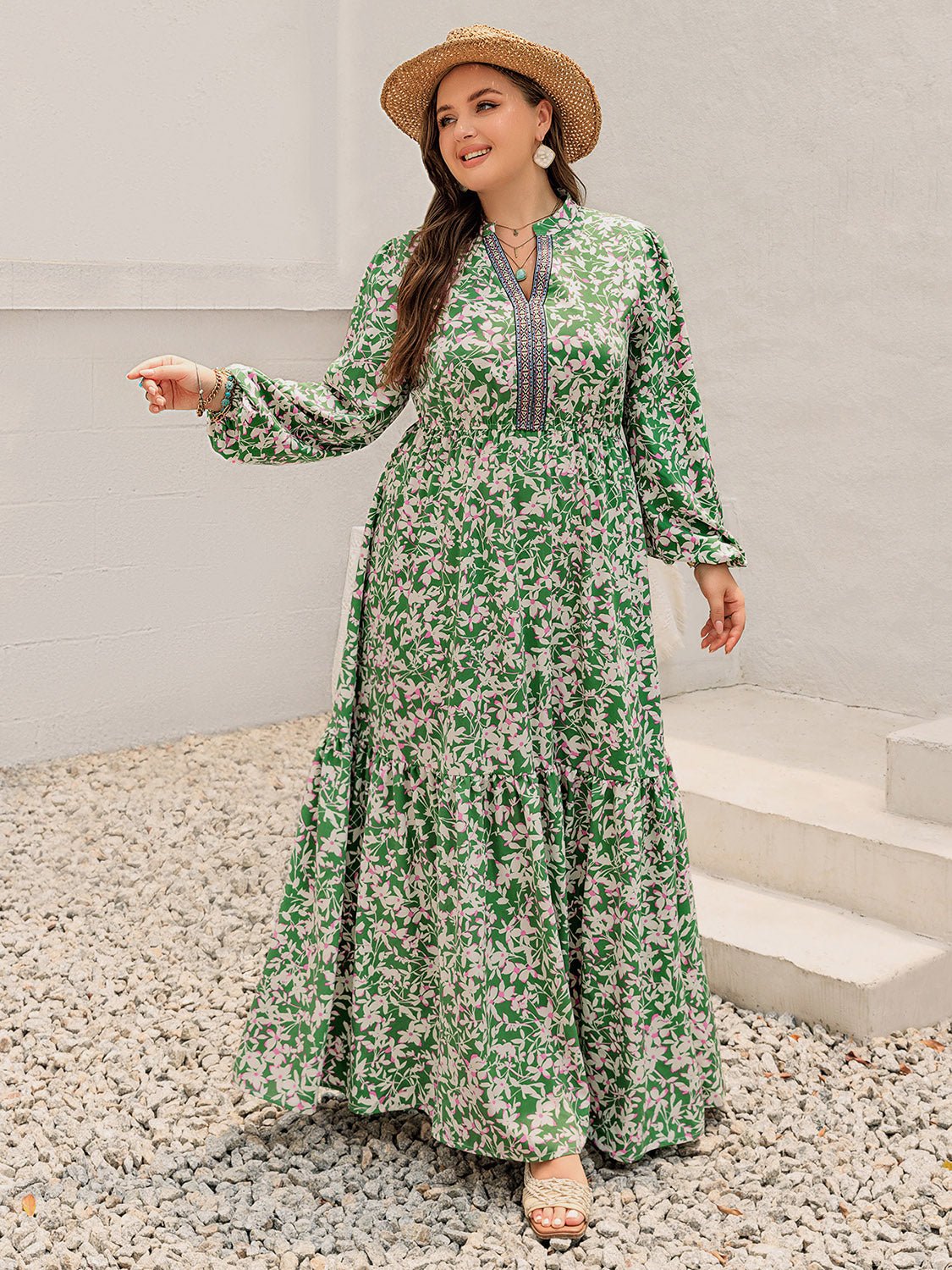 Beach Rose Co. - Plus Size Printed Long Sleeve Maxi Dress