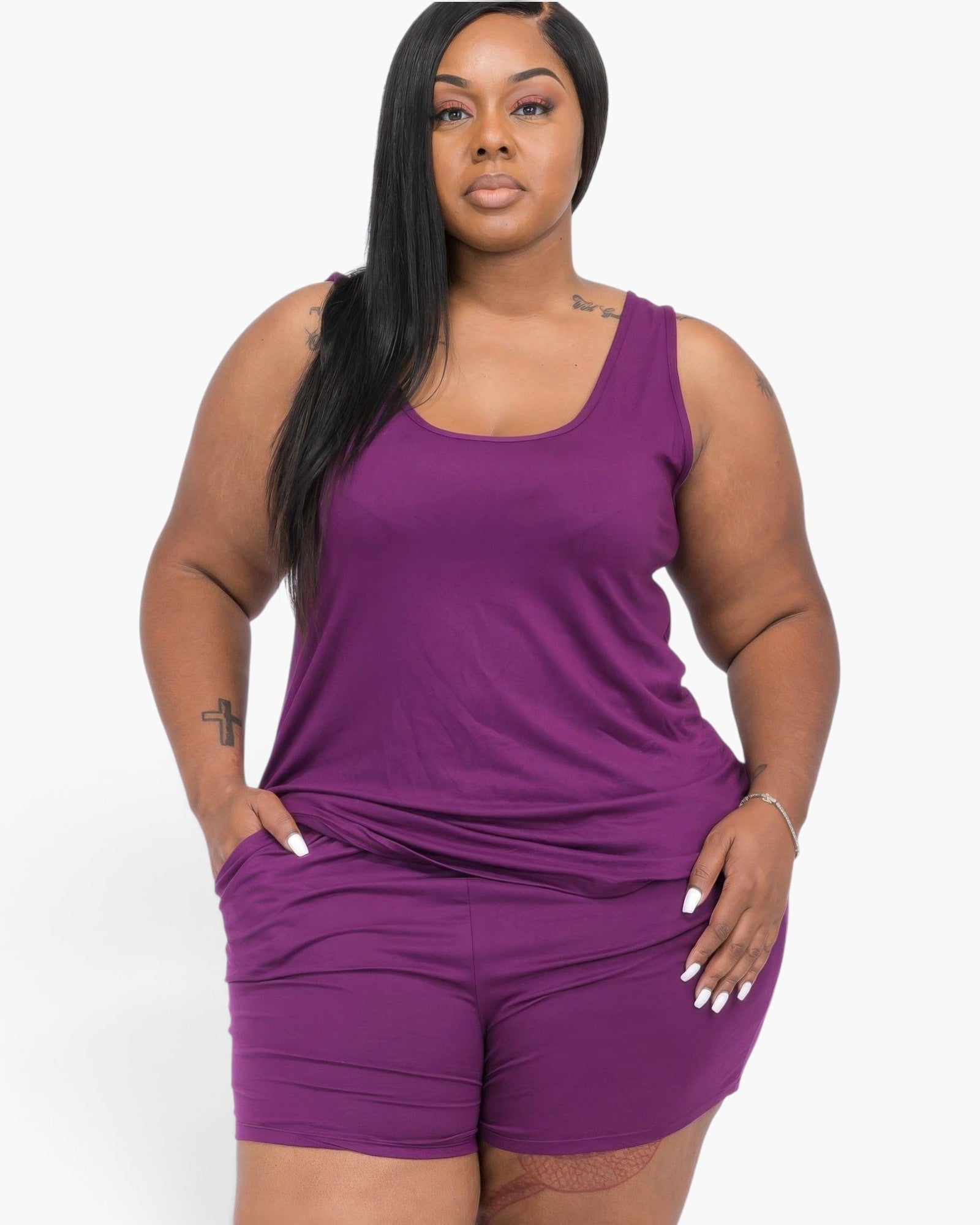 Beach Rose Co. plus size purple tank top and shorts lounge set on a model with a relaxed fit and soft jersey fabric.