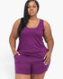 Beach Rose Co. plus size purple tank top and shorts lounge set on a model with a relaxed fit and soft jersey fabric.