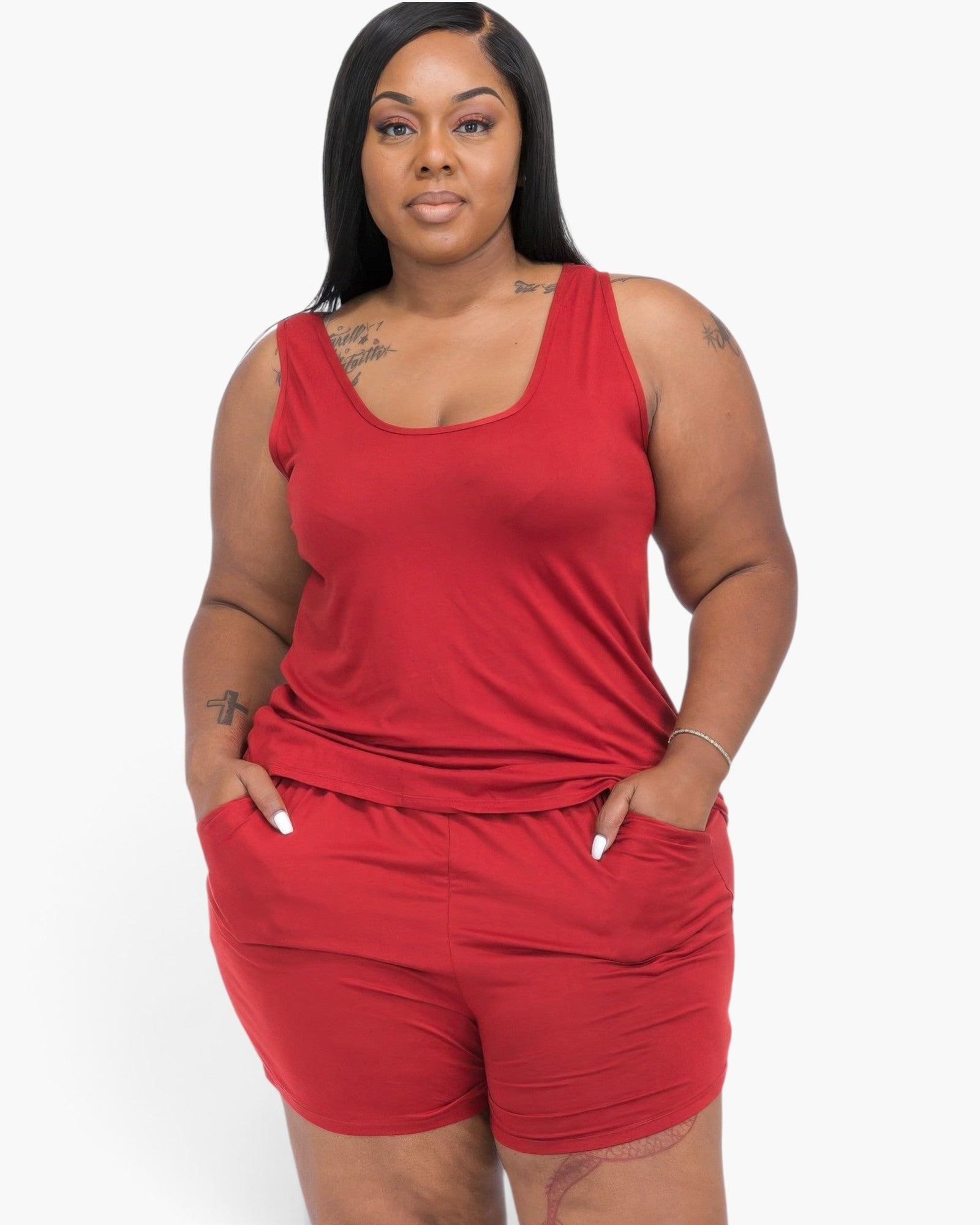 Beach Rose Co. plus size red tank top and shorts lounge set worn by a woman with a crew neckline and pockets