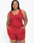 Beach Rose Co. plus size red tank top and shorts lounge set worn by a woman with a crew neckline and pockets