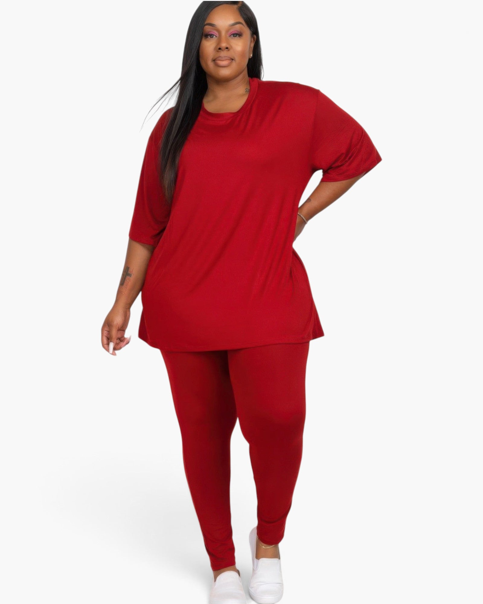 Beach Rose Co. plus size model wearing a red oversized t-shirt and matching leggings set for a comfortable look.