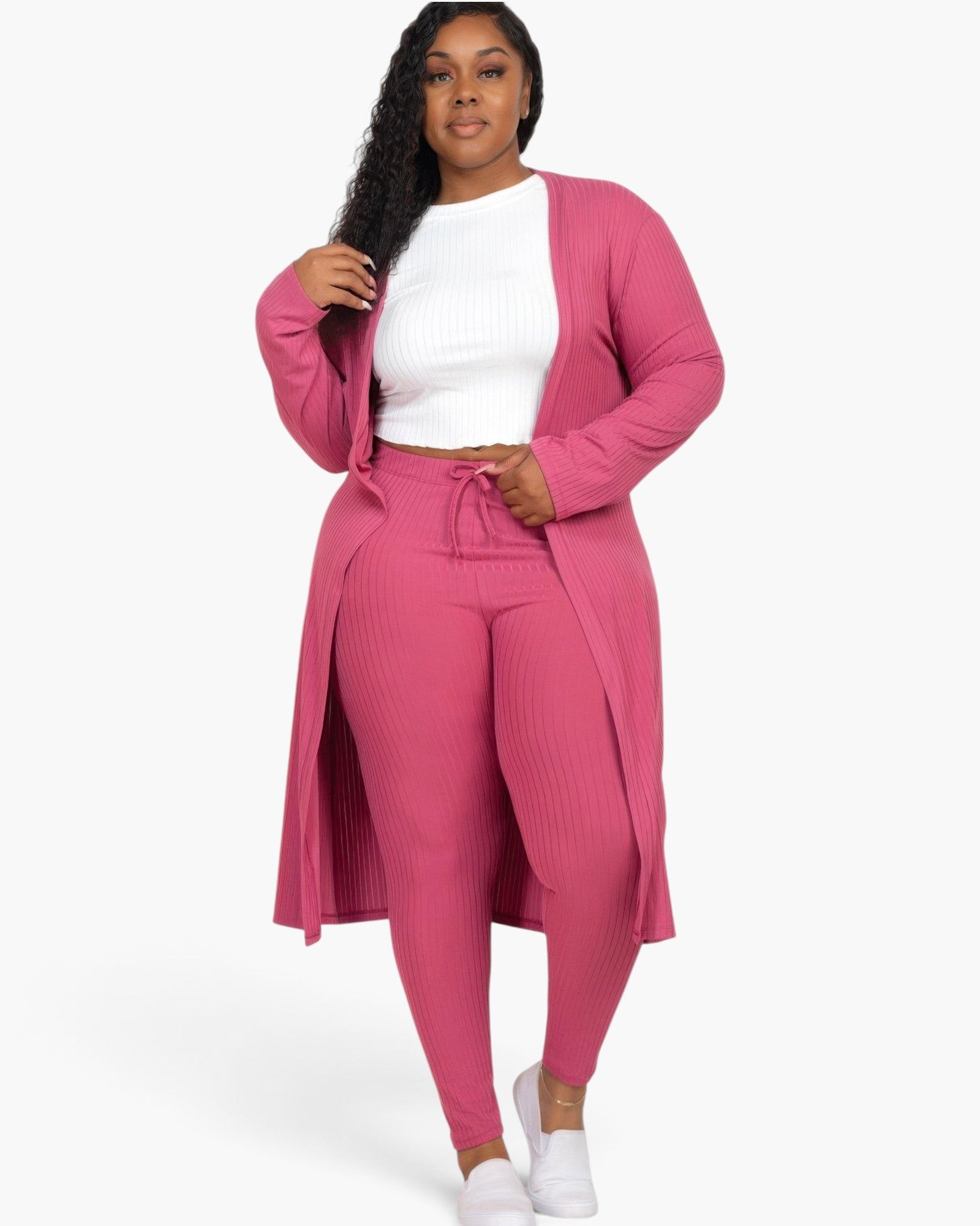 Beach Rose Co. plus size dark mauve ribbed long cardigan and leggings set worn by a model with a white crop top.