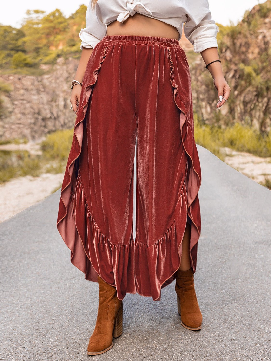 Beach Rose Co. - Plus Size Ruffled Hem Velvet Pants in Red Orange