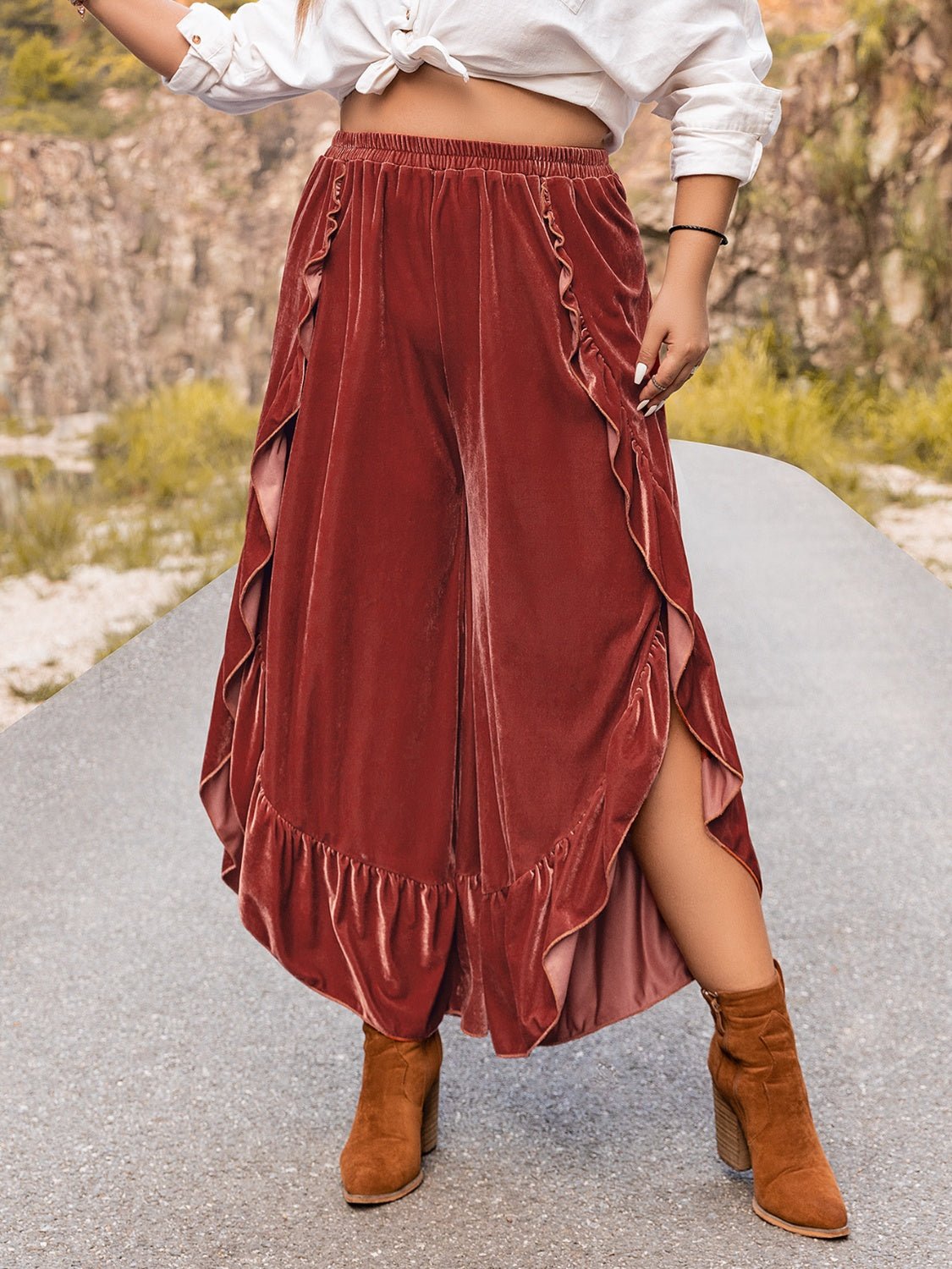 Beach Rose Co. - Plus Size Ruffled Hem Velvet Pants in Red Orange