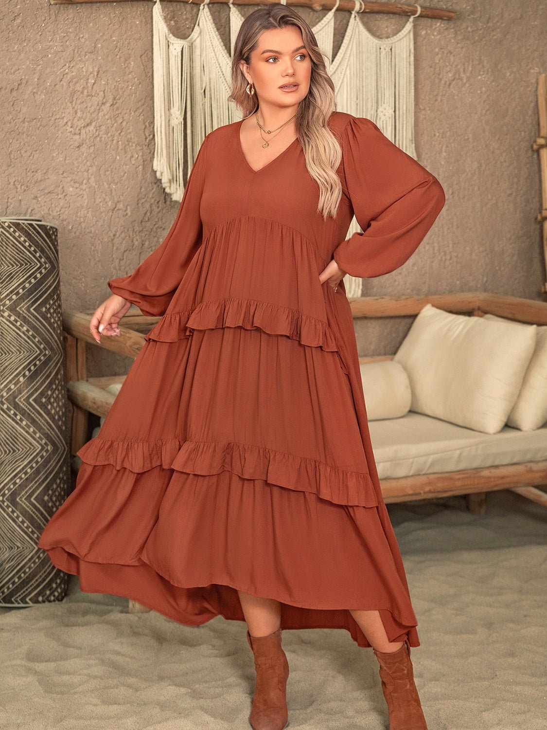 Beach Rose Co. - Plus Size Ruffled V - Neck Midi Dress in Caramel