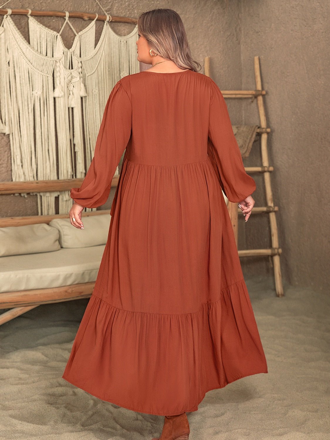 Beach Rose Co. - Plus Size Ruffled V - Neck Midi Dress in Caramel