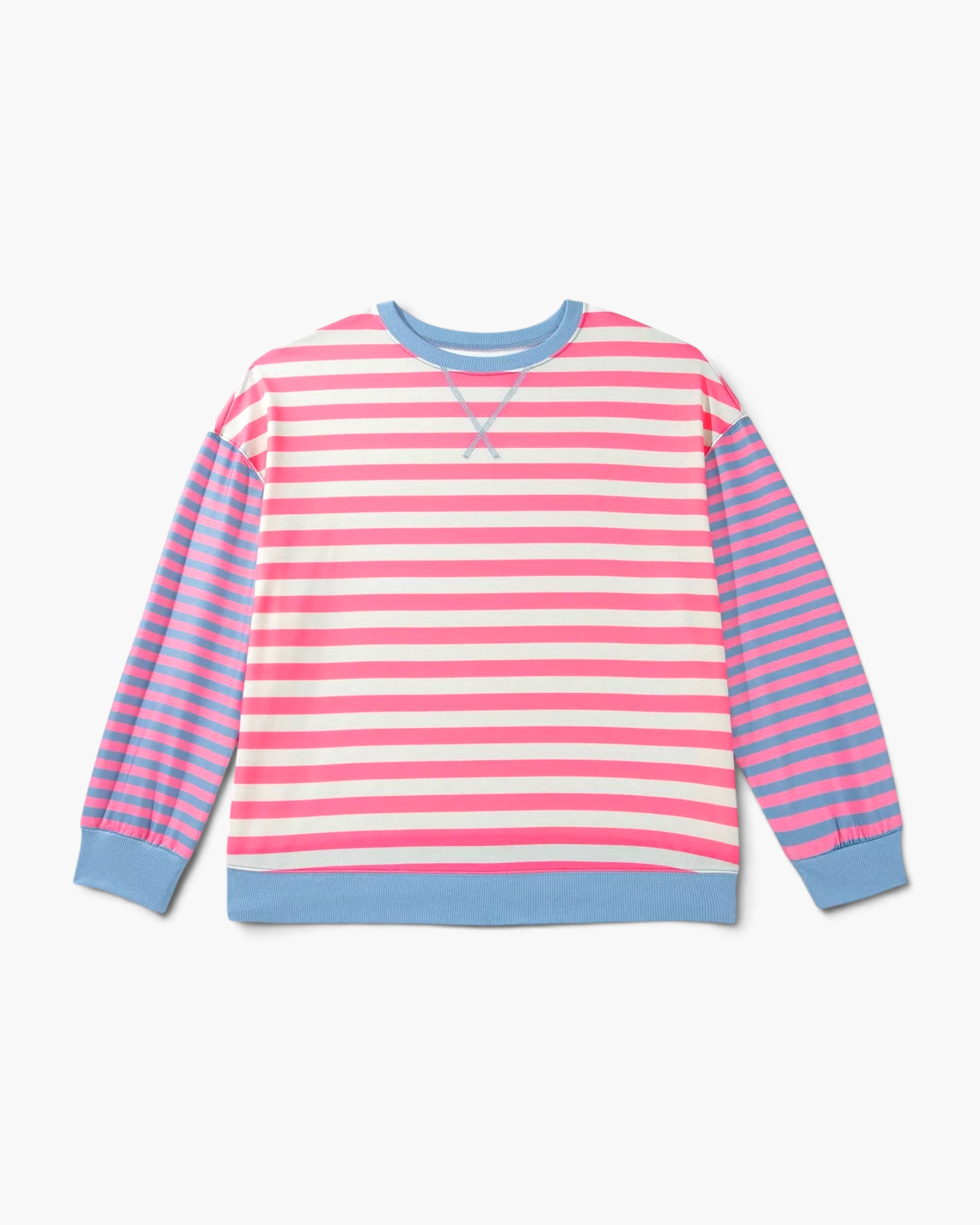 Beach Rose Co. plus size sweatshirt with pink and cream stripes, blue striped sleeves, and blue ribbed trim.