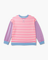 Beach Rose Co. plus size sweatshirt with pink and cream stripes, blue striped sleeves, and blue ribbed trim.