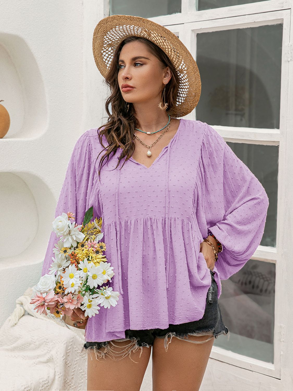 Beach Rose Co. - Plus Size Swiss Dot Long Sleeve Blouse in Pink Purple