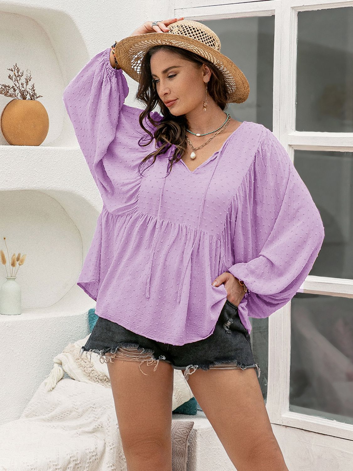 Beach Rose Co. - Plus Size Swiss Dot Long Sleeve Blouse in Pink Purple