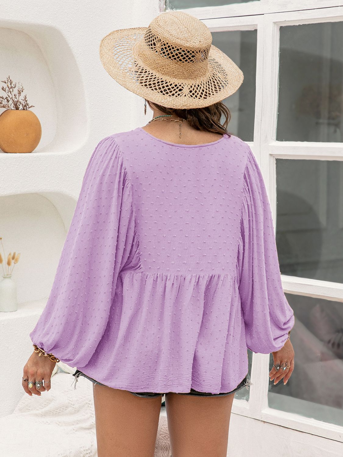 Beach Rose Co. - Plus Size Swiss Dot Long Sleeve Blouse in Pink Purple