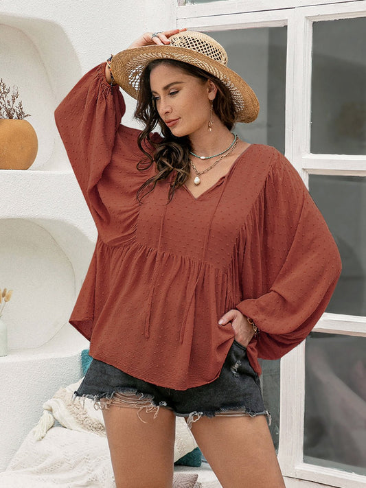 Beach Rose Co. - Plus Size Swiss Dot Long Sleeve Blouse in Rust