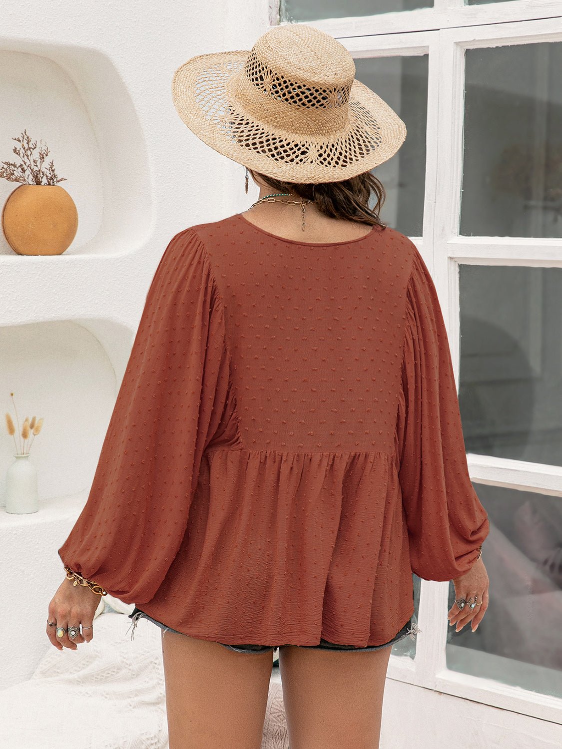 Beach Rose Co. - Plus Size Swiss Dot Long Sleeve Blouse in Rust