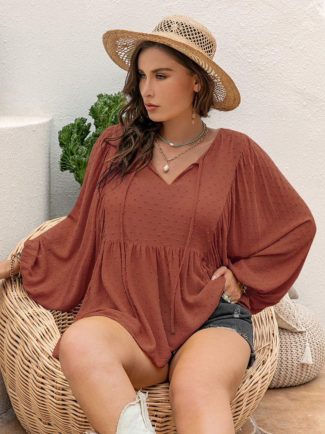 Beach Rose Co. - Plus Size Swiss Dot Long Sleeve Blouse in Rust