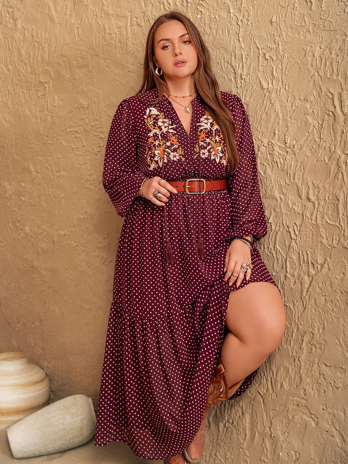 Beach Rose Co. - Plus Size Tassel Tie Neck Long Sleeve Maxi Dress in Burgundy