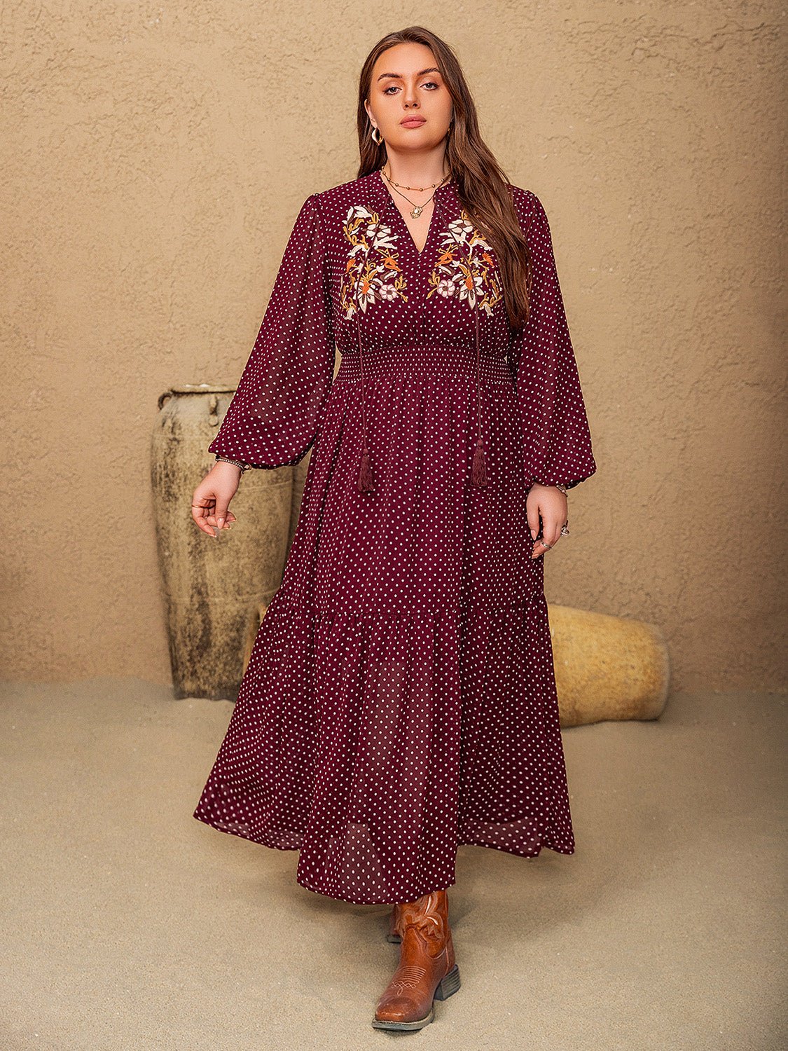 Beach Rose Co. - Plus Size Tassel Tie Neck Long Sleeve Maxi Dress in Burgundy